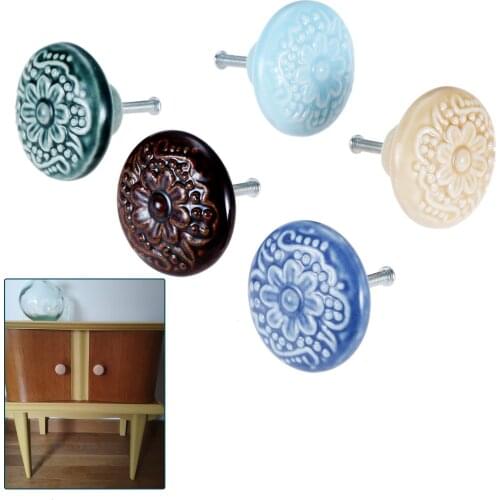 Painted Ceramic Knob Cabinet Ball Handle Cupboard Dresser Drawer Round Pull Decor Retro Kitchen Country Flower pattern screw