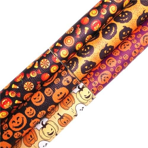 Onefly Wholesales Dropshipping Leather Supplier Halloween Pumpkins Printed Faux Leather Felt Backing for Bow DIY 21x29cm FZ267A