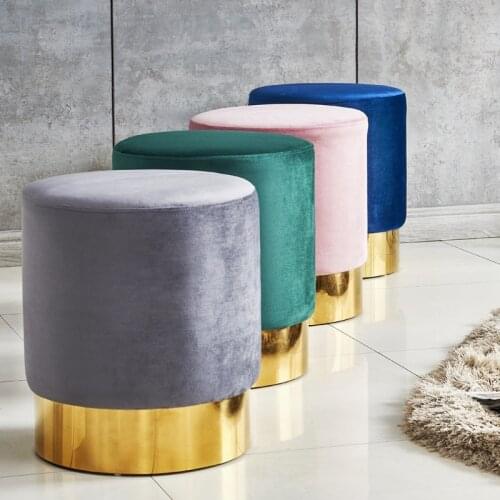 Nordic Light Luxury Velvet Round Stool Home Low Cloth Sofa Stool Stainless Steel Shoe Stool Living Room Small Pier Kids Stool