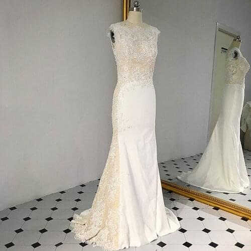 RSW1431 Sleeveless V Neckline Back Mermaid Lace Ivory And Champagne Color Wedding Dress