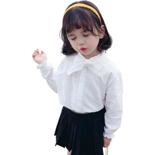 DFXD 2-7Yrs Toddler Girl White Blouses Shirts 2020 Korean Spring Autumn Bow Button School Shirt Kids Cotton Outfit Children Tops