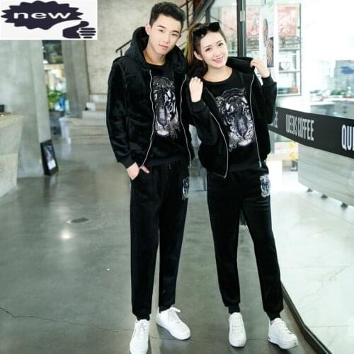 Couple Velvet Animal Printed Thick Casual Sport 3Pcs Outfits Long Sleeve Hooded Sweatshirt Stand Collar Vests Full Length Pants
