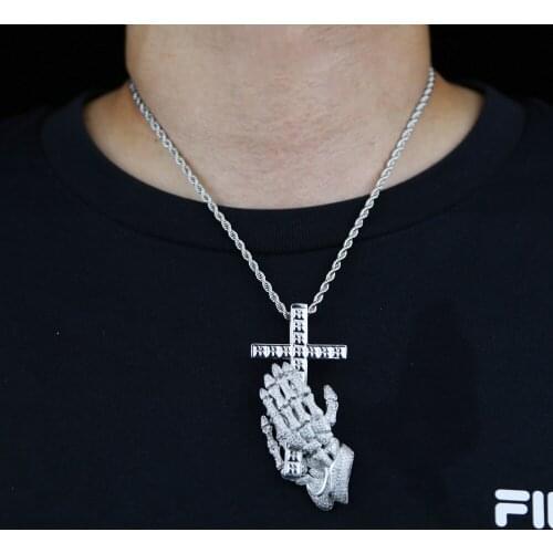 Iced Out Bling Cubic Zirconia CZ Praying Hands Cross Necklaces Pendants For Men 2021 Hip Hop Jewelry With Twist Rope Chain