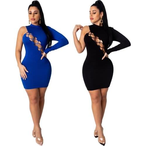 Women 2020 Winter Half Turtleneck One Sleeve Sheath Dress Sexy Black/Blue Hollow Out Night Club Solid Color Bodycon Dresses