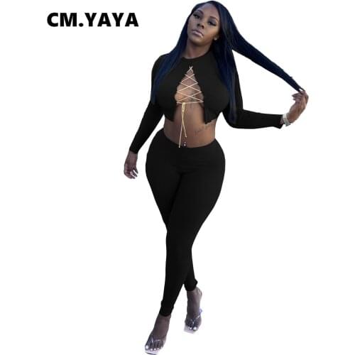 CM.YAYA Women Set Solid Full Sleeve O-neck Chain Crop Tops Stretchy Pencil Pants Two 2 Piece Sets Sexy Fashion Outfit Fall 2021