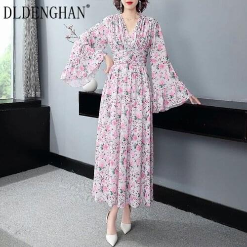 DLDENGHAN Fashion Runway Designer Autumn Dress Women V-Neck Flare Sleeve Rose Floral Print Big pendulum Bohemian Long Dresses