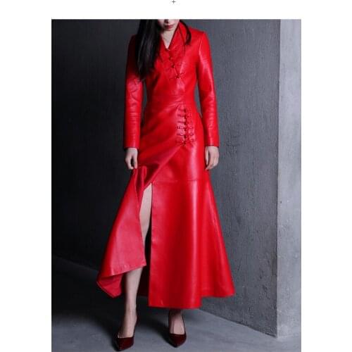 Handmade buckle leather V-neck fishtail long dress autumn and winter long sleeve womens leather fur