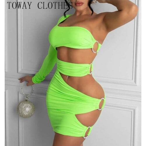 Women Summer One Shoulder Long Sleeve O-Ring Cutout Ruched Bodycon Dress