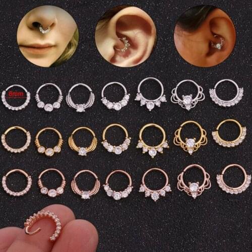 1PCS 8mm Stainless Steel Nose Ring Lip Nose Rings Cartilage Tragus Helix Ear Piercing Hoop Septum Clicker Daith Crystal Earring