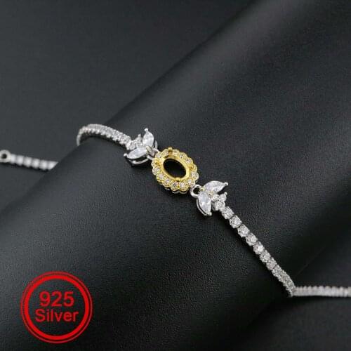 1Pcs 4x6MM Oval Prong Bezel Bracelet Settings Luxury Gold Plated Solid 925 Sterling Silver Tray for Gemstone 6''+1.6'' 1900250