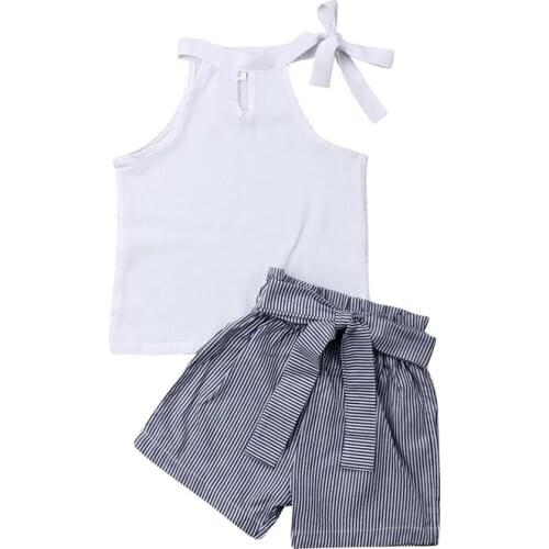 2Pcs Toddler Kids Baby Girls Casual Outfits Clothes Chiffon Tops Crop Striped Shorts Pants Set
