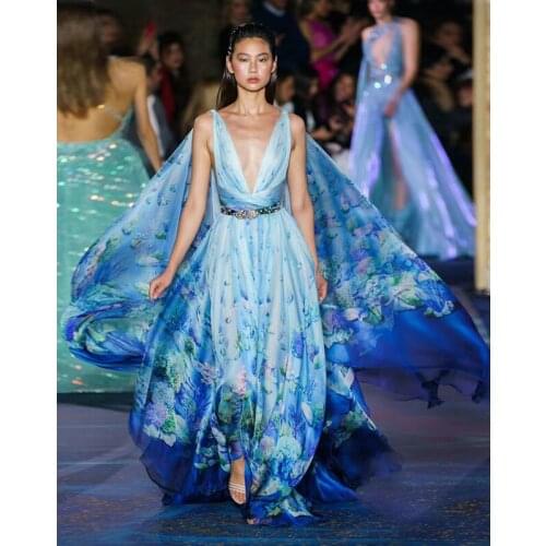 2019 Latest Fashion Runway Dress Elegant Chinese Style Jade Blue Floral Maxi Dress Print Shawl Celebrity Party Dresses Vestidos