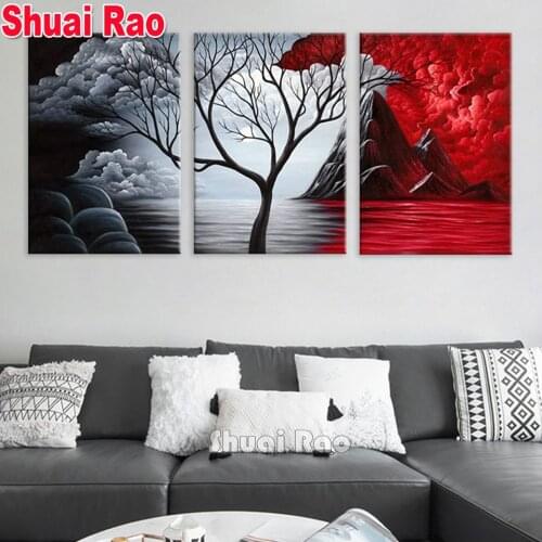 3 pcs 5D Diy round/square diamond painting Red Tree Lake leaves Diamond Mosaic Embroidery cross stitch Triptych Home Art