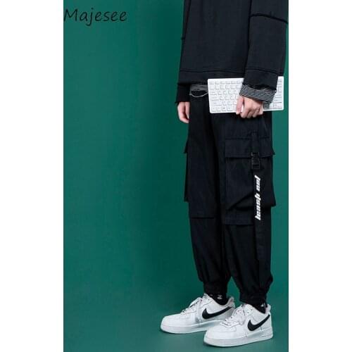 Men Casual Pants Cargo All-match Joggers Sweatpants Side Pockets Male Leisure Bottoms Ribbons Hip Hop Fitness Streetwear Fashion