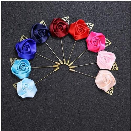 Cheap 50Pcs/Bag Best Man Groom Boutonniere Silk Satin Rose Flower men buttonhole Wedding Party Prom Man Suit Corsage Pin Brooch