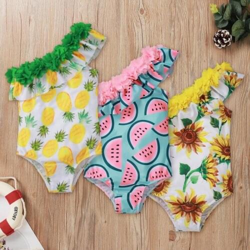 Kids Summer Swimsuit Children Flower Sunflower Watermelon Pineapple Printing Oblique Shoulder Ruffled Collar Swimming Suits 1-5T