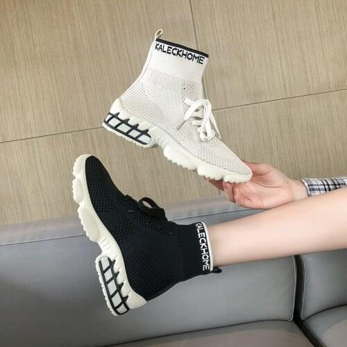Stretch fabric knitting boots women autumn winter cross-tied sock booties mujer letter printing weaving wedges ankle botas 2020