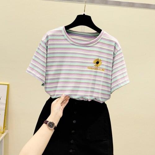 Cotton embroidery joker students show thin loose big yards stripe round collar short sleeve T-shirt commute