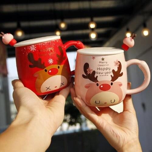 350ml Ceramic Mug Creative Coffee Cup With Lid And Spoon Tea Milk Cups Child Christmas Elk Mugs Kids Gift Red Pink Couple Cups