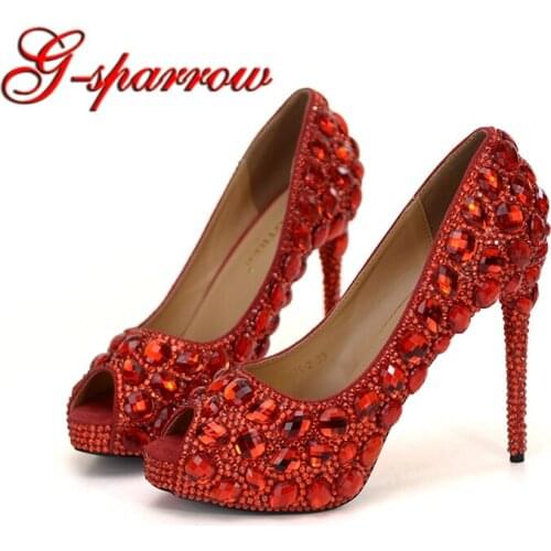 Handmade Red Crystal Wedding Shoes Peep Toe Platforms Rhinestone Prom Party Shoes Thin Heel Nightclub Pumps Mom birthday Shoes