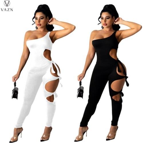 VAZN 2021 New One Shoulder Shinny Pleated Sexy Lady Women Party Beach Jumpsuits Full Pant Bandage Rompers