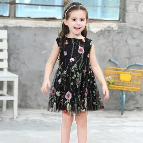 Black dress Sleeveless Lace Elegant Girl Embroidery Floral Princess Dresses Clothes Backless Mesh Summer flower girl dresses