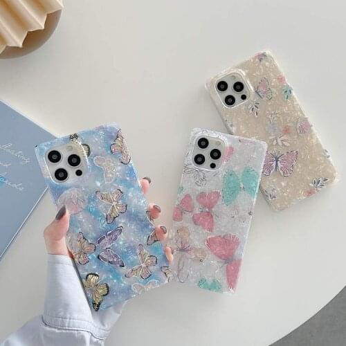 Luxury Square Butterfly Glossy Shockproof Back Phone Case Cover Shell For iPhone 7 8 Plus 11 12 Pro Max X XR XS Max Skin