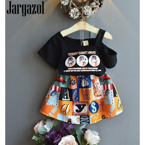 Girls Ruffle Outfits Letter Printed Off The Shoulder Shirt&cartoon Skirt Fashion Korean Little Children Clothing Set Clothes