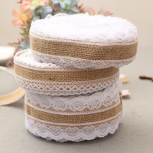 2M Natural Jute Rolls Gift Wrapping Burlap Hessian Roll Ribbon With Lace DIY Handmade Craft Rustic Christmas Wedding Party Decor