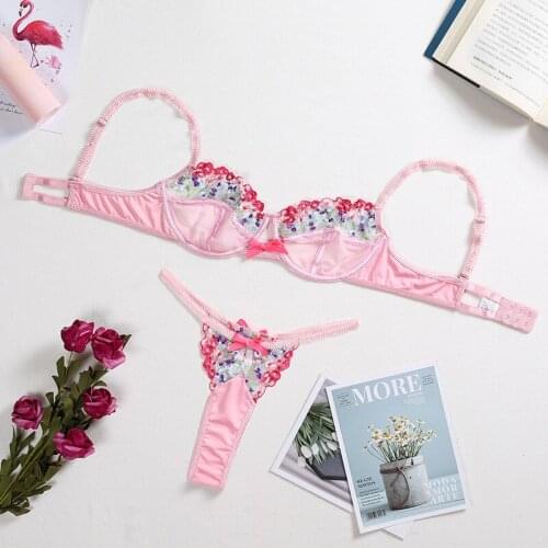 Sexy French Bra Panty Set Lace Transparent Bra Mesh Thin Thong Embroidered Top Sexy Lingerie Woman Bra Set