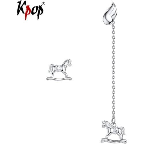 Kpop Carousel Horse Drop Dangle Animal Jewelry Genuine 925 Sterling Silver Asymmetric Merry-go-round Earrings Women E6227