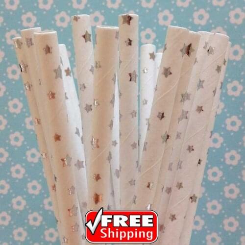 200pcs Silver Foil Paper Straws-Metallic Star Craft Christmas Wedding Anniversary Party Supplies Holiday Decorations Wholesale