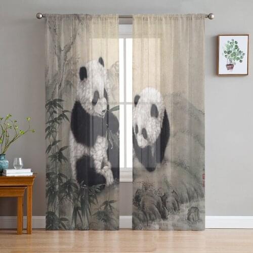 Tulle Curtains Panda Bamboo Chinese Style Boys And Girls Bedroom Sheer Hanging Curtain Living Room Kitchen Gauze Curtain
