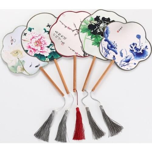 Chinese Style Classical Ancientry Long Handle Embroidery Machine Embroidery Circular Fan Dance Fan Craft Ornaments