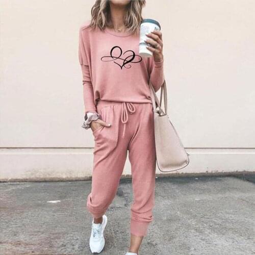 Funny Gift Two Piece Sets Women Solid Autumn Tracksuits High Waist Stretchy Love Print Tops Casual Outfits