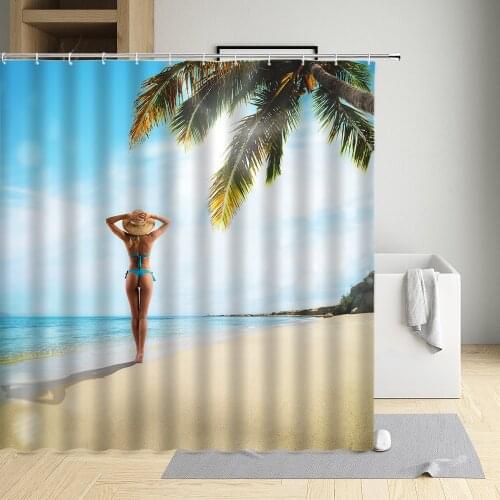 Beach Beauty Shower Curtain Sea View Sunshine Coconut Tree Blue Ocean Bathroom Decor Curtain Household Washable Fabric With Hook