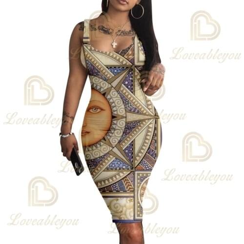 Robe Femme Slim Pencil Dress Summer SUN Printed Dress Women Bodycon Sleeveless Dresses Boho Elegant Vintage Pencil Vestidos