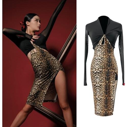 Sexy Latin Dance Dress For Women Long Sleeve Black Stitch Leopard Practice Dress Chacha Samba Latin Competition Dresses SL4592