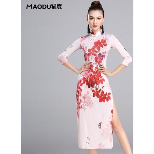 Female Latin Dance Dress Lady Acrobatics Lomba Dancing Dress Half Sleeve Cheongsam Friendship Performance Costume B-6953