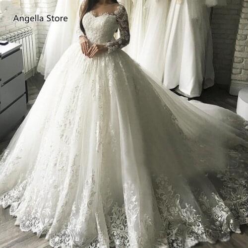Ivory Lace Ball Gown Wedding Dress For Bride Full Sleeve O-Neck Appliqued Buttons Back Long Tulle Vestidos De Novia