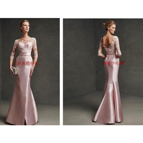 New arrival three quarter sleeves lace appliques hot sexy pink long party mermaid evening Dress elegant Formal gown 2015