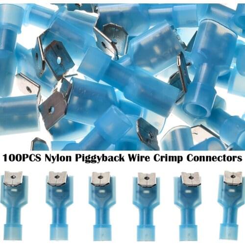 100PCS Nylon Wire Connectors Kit Humpback Spade Electrical Crimp Terminals Blue Insulated Waterproof Piggy Back Terminators