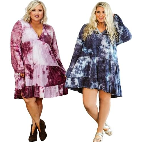 2021 Plus Size Womens Autumn Winter Dresses Casual Loose New V-neck Dress Womens Woman Long Sleeve Tie-dyed Long Skirt