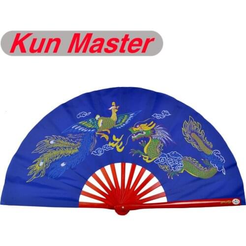 Bamboo Kung Fu Fighting Fan, Martial Arts Practice Performance Fan,Wu Shu Fan, Dragon And Phoenix (blue Fan Red Bone)