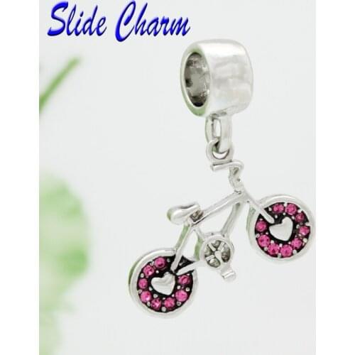 Free shipping new European and American popular jewelry pink Rhinestone pendant sports bike charm beads fit Pandora bracelet