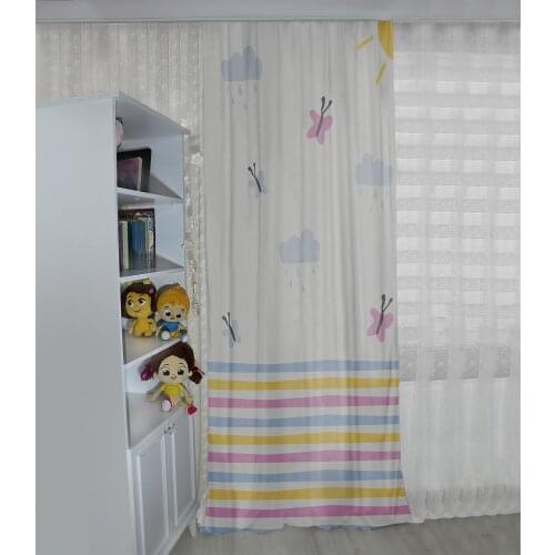 Beyaz çocuk odası perdesi kelebek,bulut,güneş çocuk perdesi