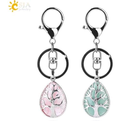 CSJA Fashion Water Drop Keychains Key Ring Key Holder Reiki Natural Gem Stone Tree of Life Pendant for Car Motorcycle Bag F400