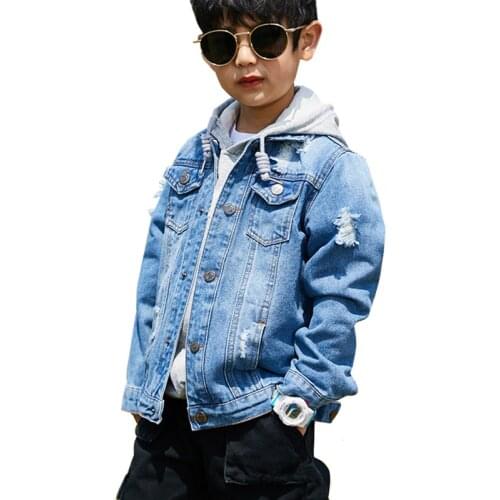 Boys Denim Jacket With Hood Fashion Brand Design Kids Patchwork Jean Coat For Teen Boy 100-160CM Outerwear LM071