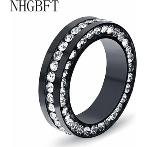 NHGBFT 6MM Wide Black Color Stainless Steel Crystal CZ Ring Women Wedding Engagement Rings Dropshipping