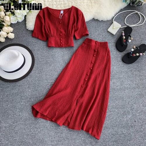 New Fashion Suit Solid Color Simple Single-Breasted Short-Sleeved Short Cropped Blouse Elastic Waist Skirt Two-Piece Sets WS158